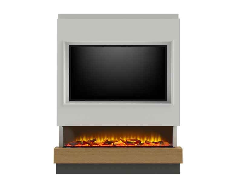 Acantha Matrix Pre-Built Pure White & Oak Effect Panoramic Media Wall with TV Recess & 150 Electric Fire