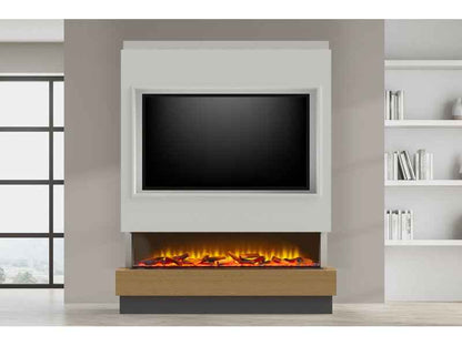 Acantha Matrix Pre-Built Pure White & Oak Effect Panoramic Media Wall with TV Recess & 150 Electric Fire