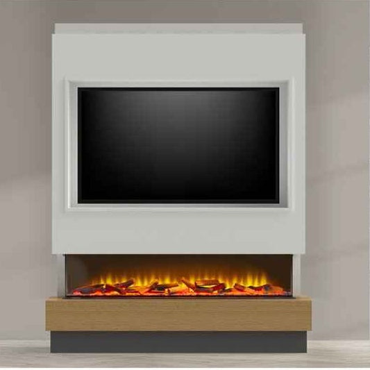 Acantha Matrix Pre-Built Pure White & Oak Effect Panoramic Media Wall with TV Recess & 150 Electric Fire