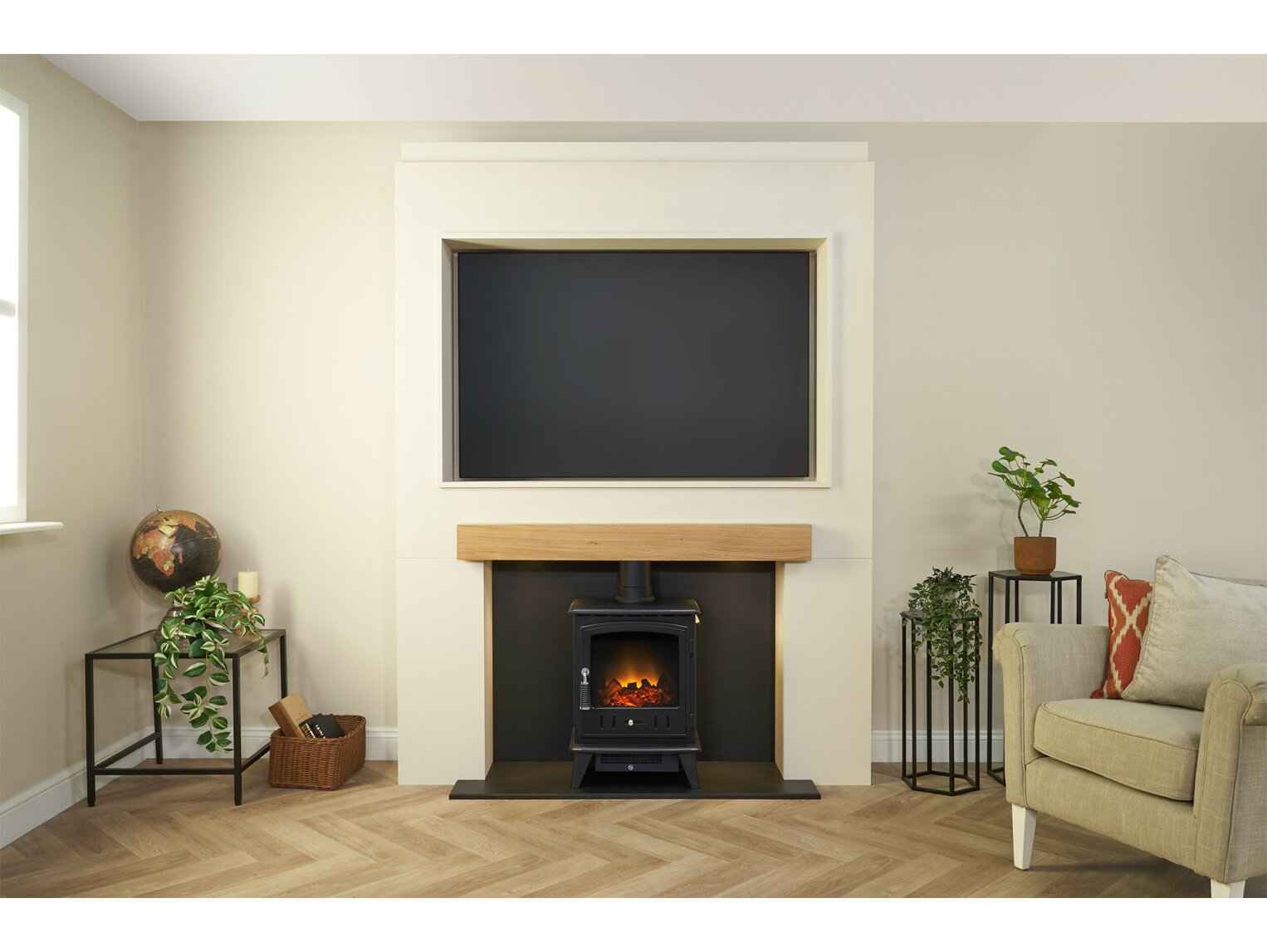 Acantha Stove Media Wall 2 with Adam Aviemore Electric Stove – Easy Paint MDF (58” TV)