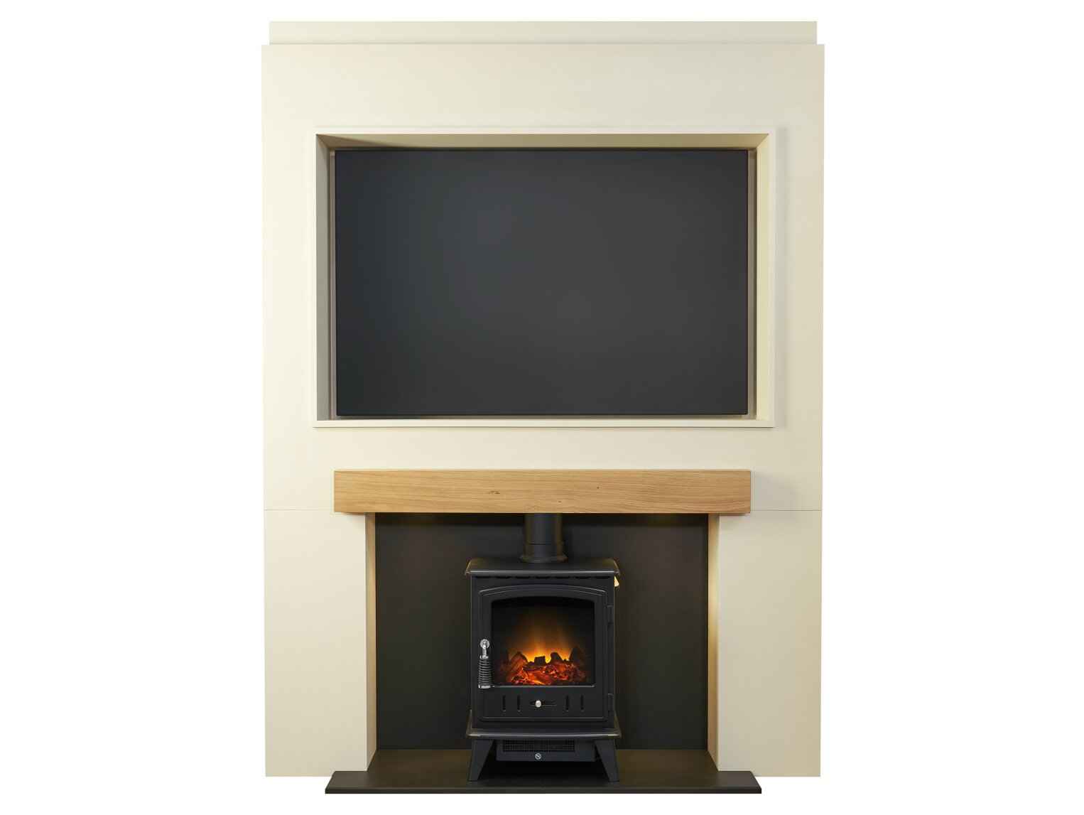 Acantha Stove Media Wall 2 with Adam Aviemore Electric Stove – Easy Paint MDF (58” TV)