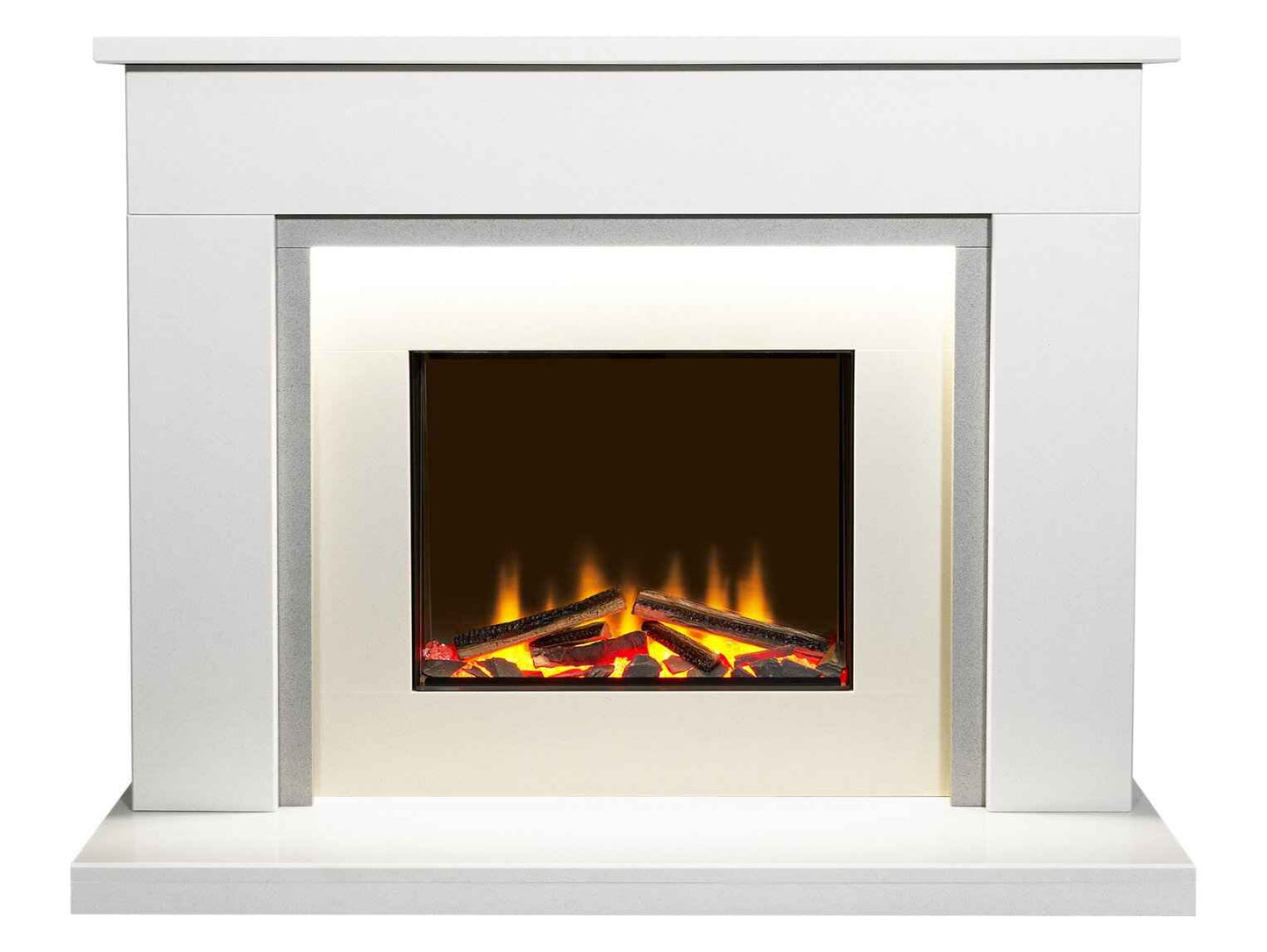 Aurora Belgrade 48-Inch China White & Sparkly Grey Marble Electric Fireplace Suite