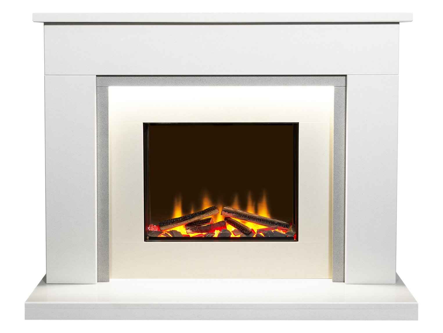 Aurora Belgrade 48-Inch China White & Sparkly Grey Marble Electric Fireplace Suite