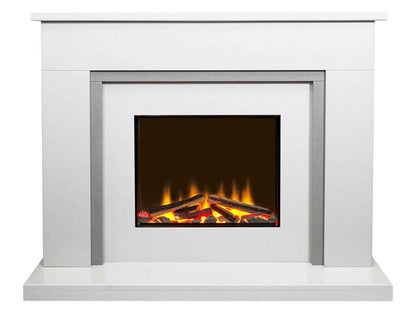 Aurora Belgrade 48-Inch China White & Sparkly Grey Marble Electric Fireplace Suite