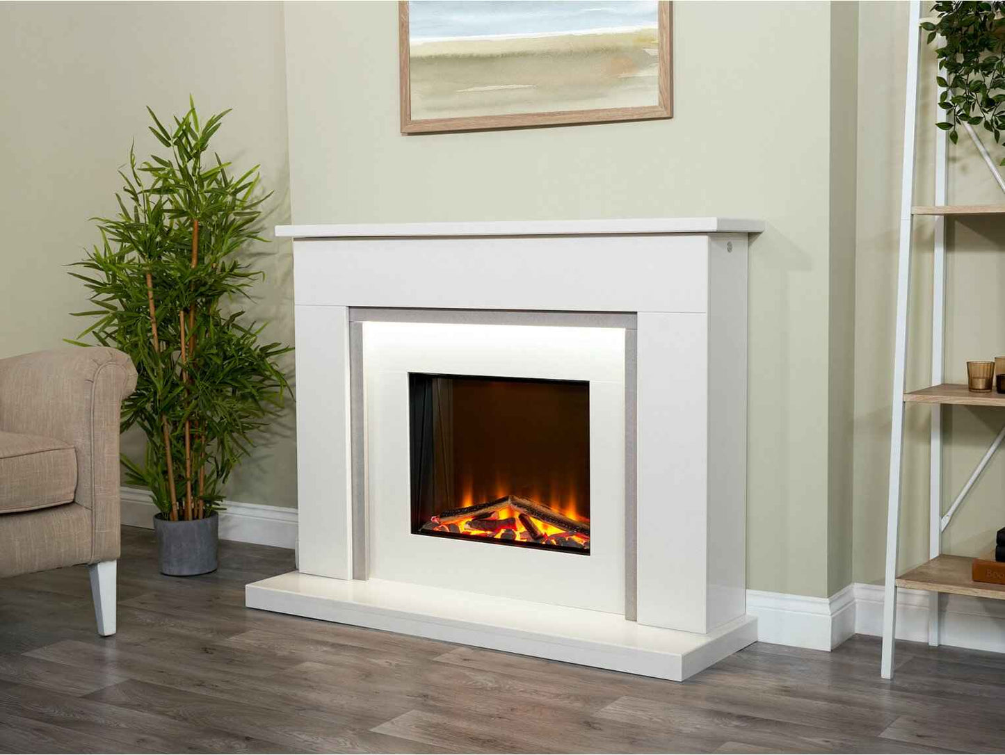 Aurora Belgrade 48-Inch China White & Sparkly Grey Marble Electric Fireplace Suite