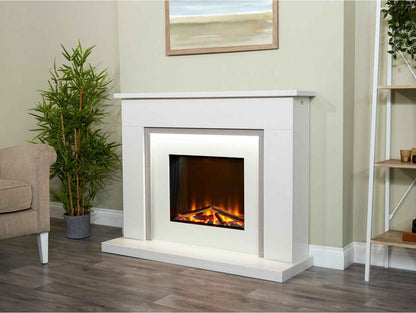 Aurora Belgrade 48-Inch China White & Sparkly Grey Marble Electric Fireplace Suite