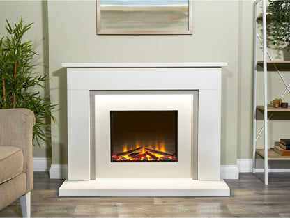 Aurora Belgrade 48-Inch China White & Sparkly Grey Marble Electric Fireplace Suite