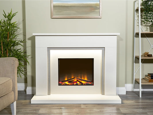 Aurora Belgrade 48-Inch China White & Sparkly Grey Marble Electric Fireplace Suite