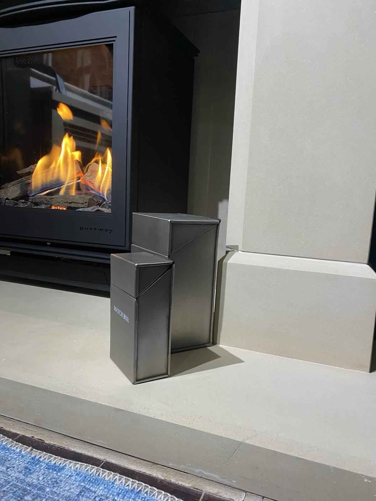 Brushed Silver Fire Lighter & Match Box Holder Set Modern Fireside Storage Tidy