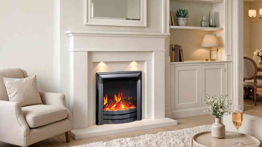 Living room with white fireplace surround and beige sofa, showcasing the black nickel electric fire with glowing logs for cozy decor