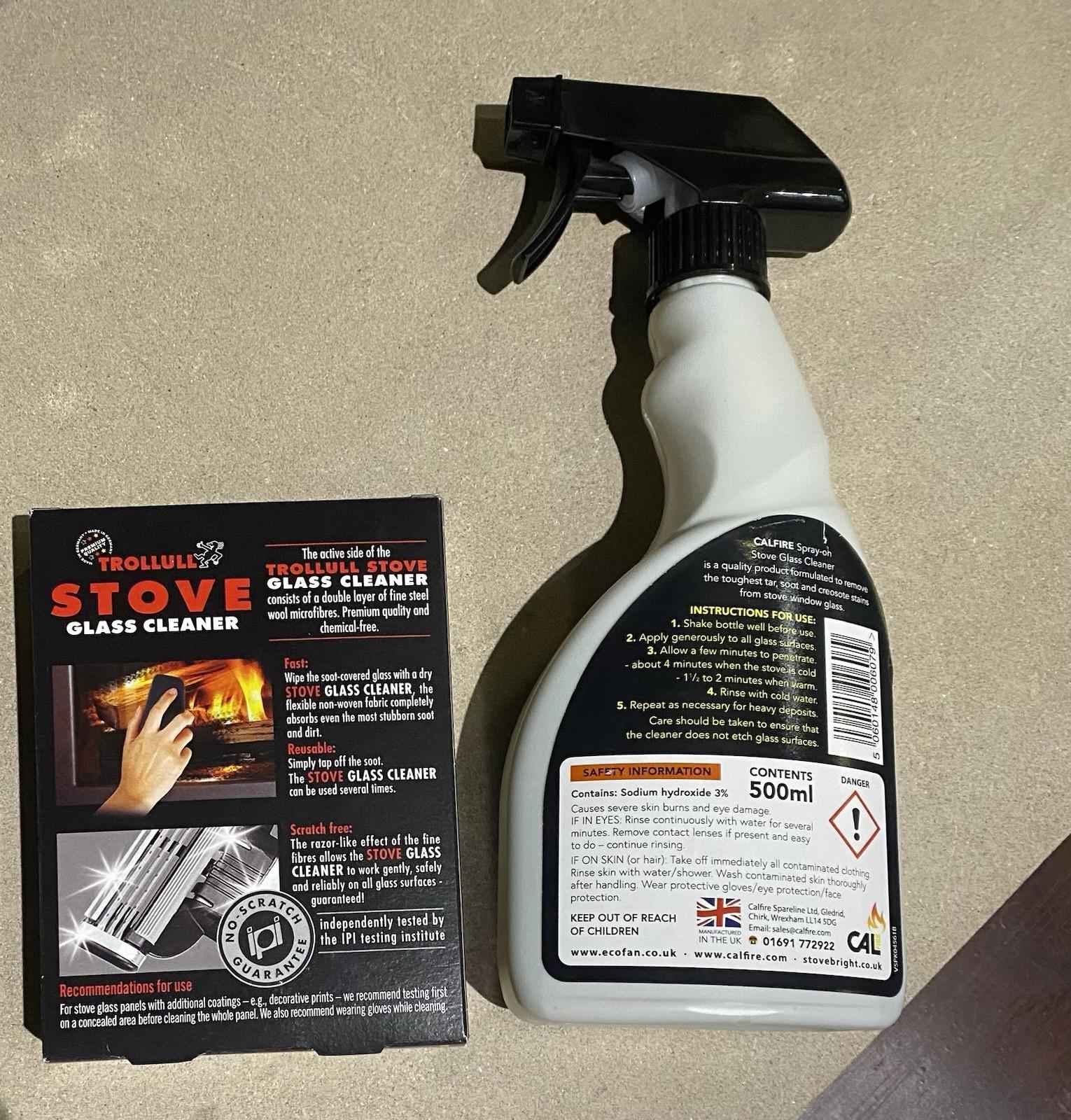 Trollull Stove Log Burner Glass Cleaner Pads (2-Pack) & Calfire Soot & Tar Spray