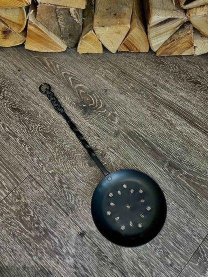 Wrought Iron Chestnut Roaster Pan – Long Handle Open Fire / Wood Burner