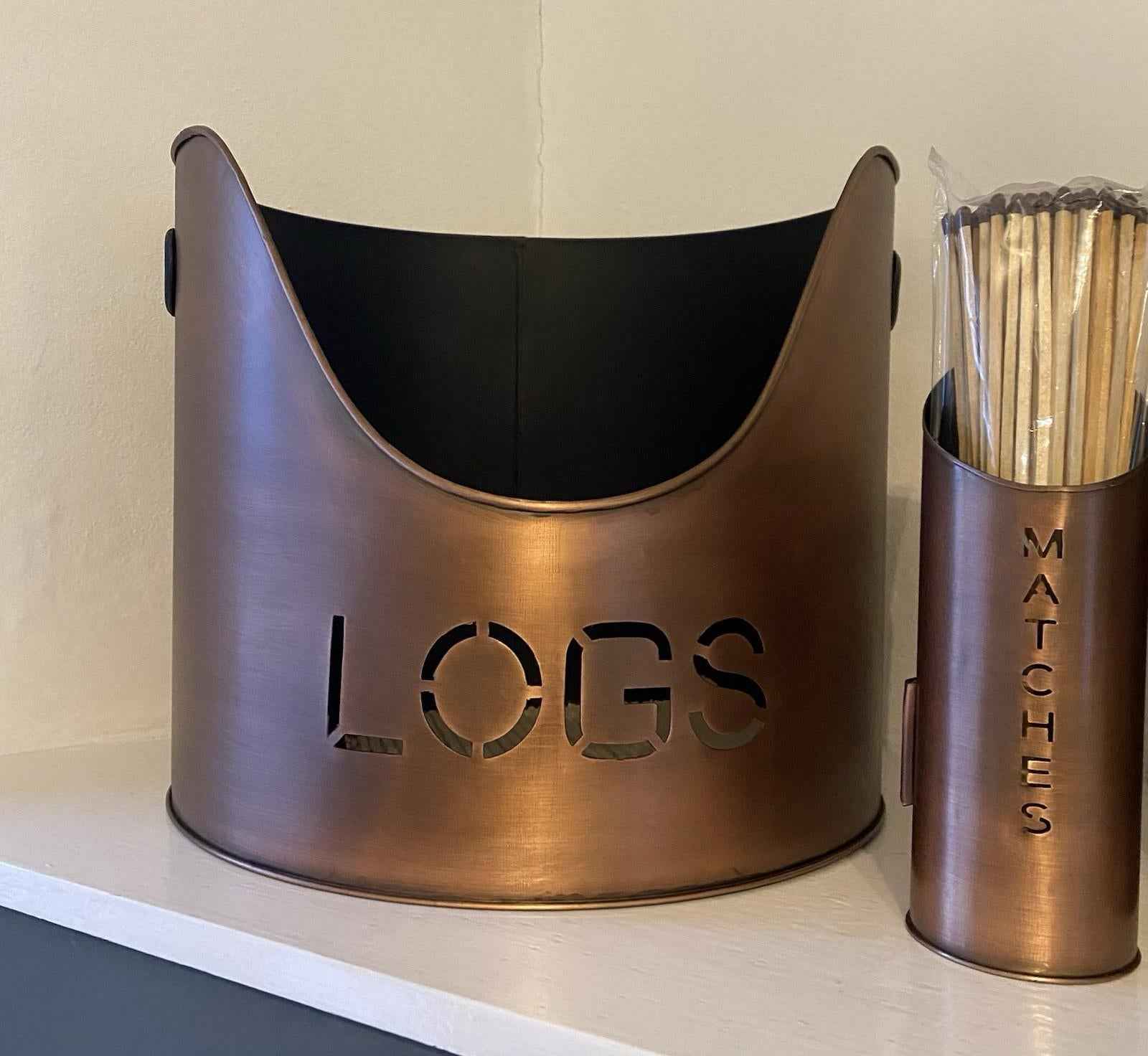 Set of 3 Log Kindling and Match Holder Copper