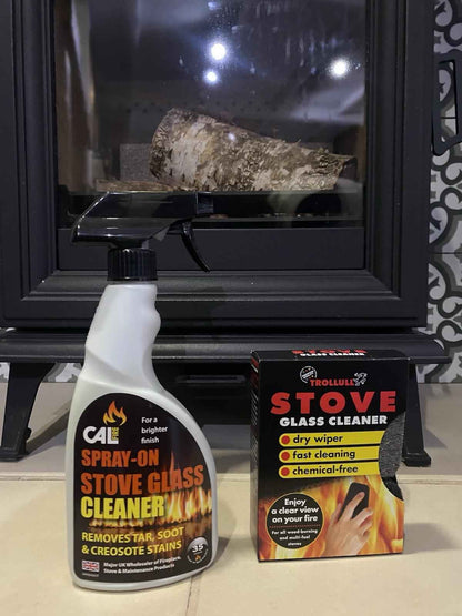 Trollull Stove Log Burner Glass Cleaner Pads (2-Pack) & Calfire Soot & Tar Spray