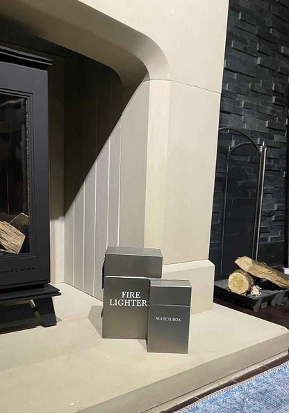 Brushed Silver Fire Lighter & Match Box Holder Set Modern Fireside Storage Tidy