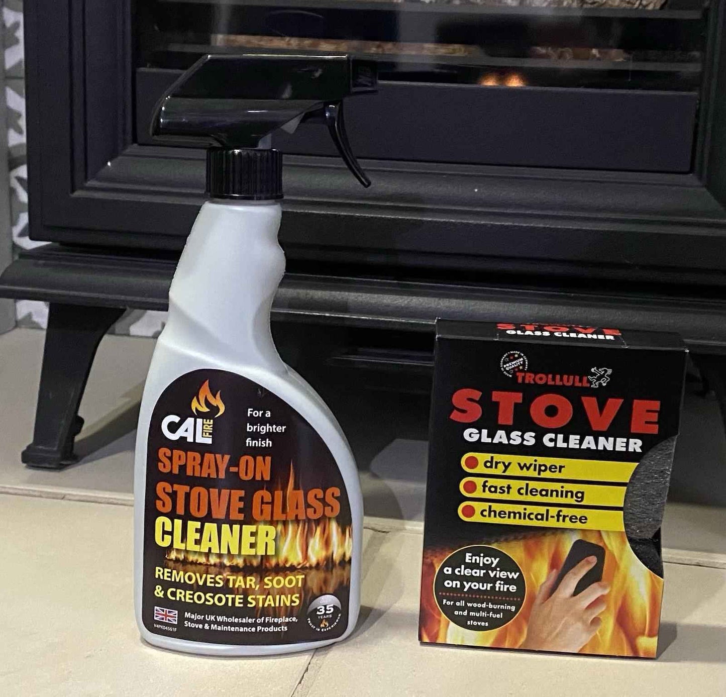 Trollull Stove Log Burner Glass Cleaner Pads (2-Pack) & Calfire Soot & Tar Spray