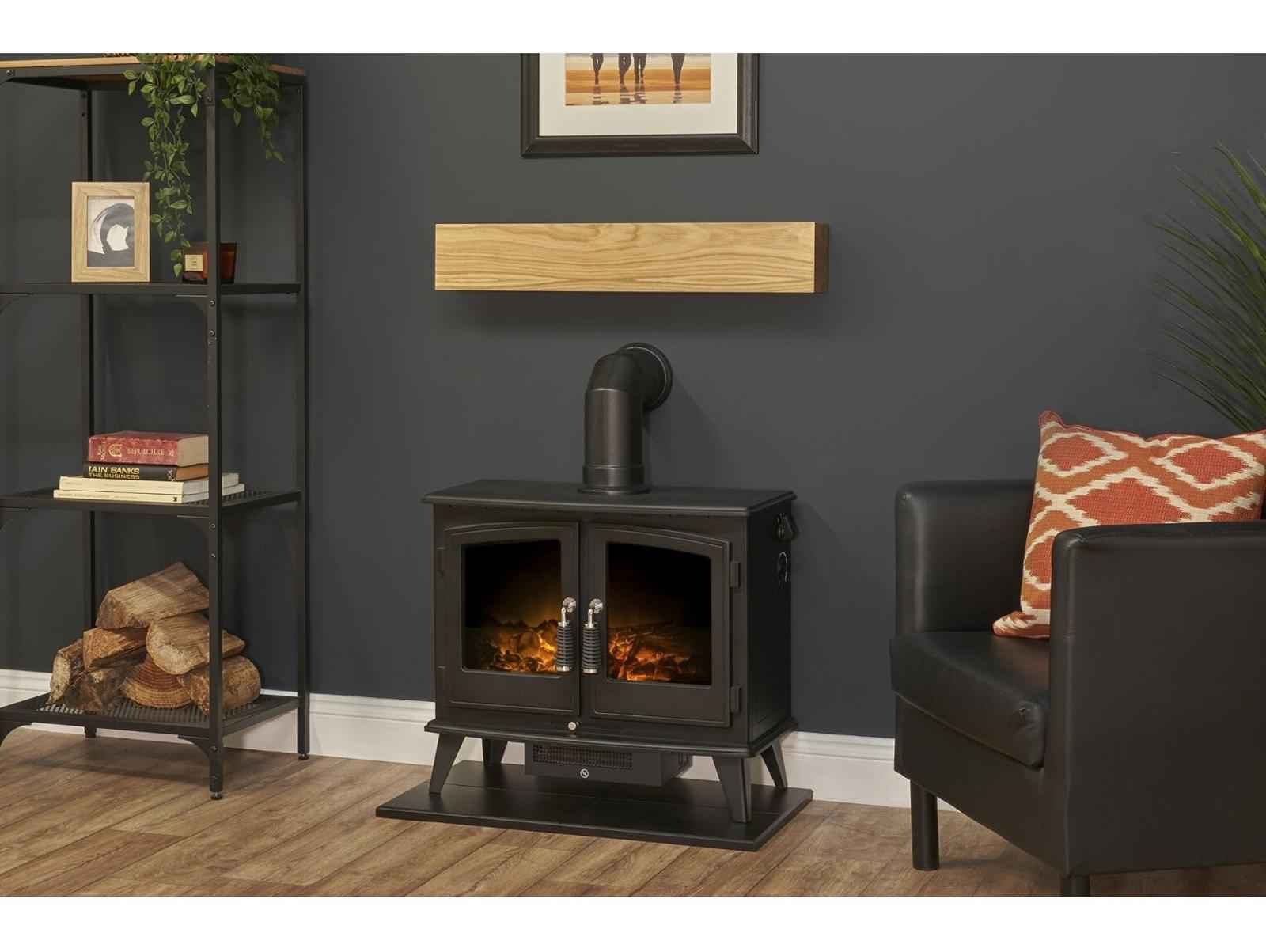 Adam Oak Beam, Black Hearth & Decorative Stove Pipe Set – Electric Stove Fireplace Surround