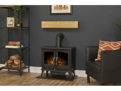 Adam Oak Beam, Black Hearth & Decorative Stove Pipe Set – Electric Stove Fireplace Surround