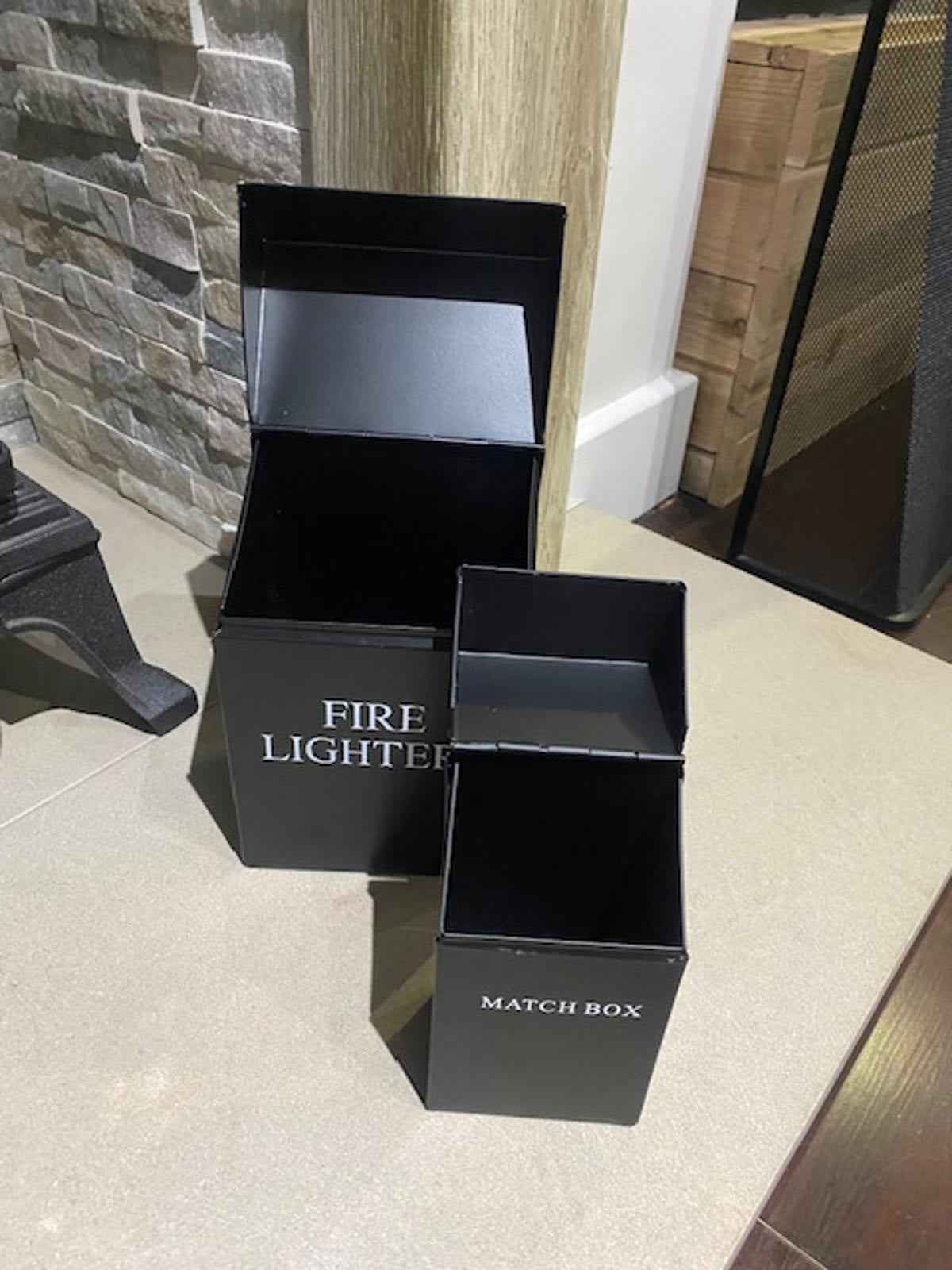Black Fire Lighter & Match Box Holder Set Modern Fireplace Fireside Storage Tidy