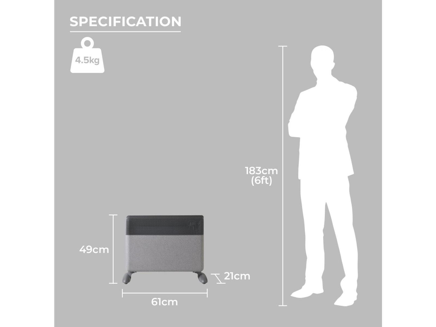 Adam Axon 1500W Smart WiFi Electric Radiator, Grey Fabric Convector Heater, Wall Mounted & Freestanding