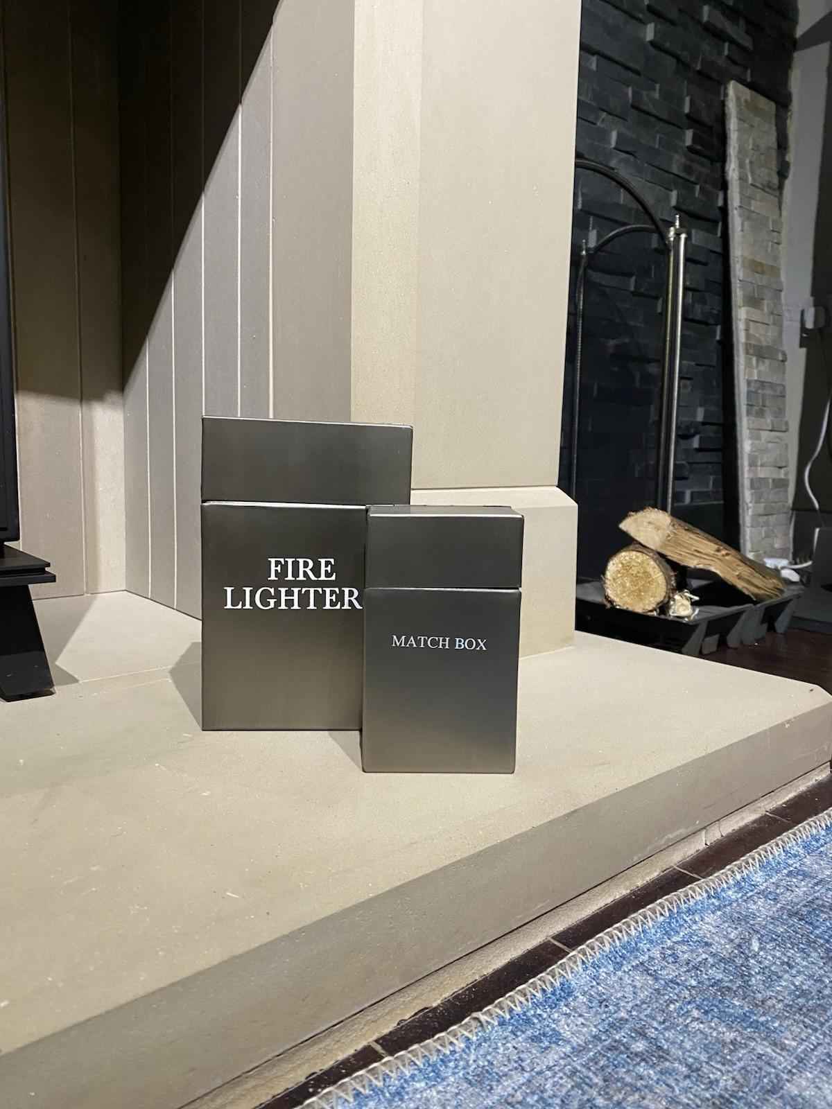 Brushed Silver Fire Lighter & Match Box Holder Set Modern Fireside Storage Tidy