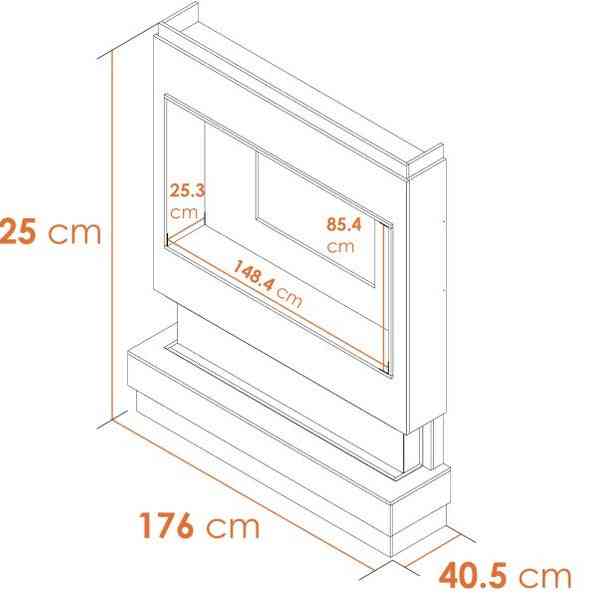 Isometric dimensions diagram for Acantha pre-built modular panoramic media wall unit