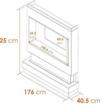 Isometric dimensions diagram for Acantha pre-built modular panoramic media wall unit