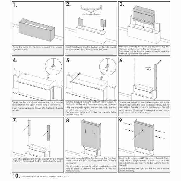 Step-by-step assembly instructions for Acantha pre-built media wall with electric fire