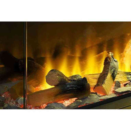 Close-up of realistic log arrangement and glowing embers in Acantha panoramic firebox