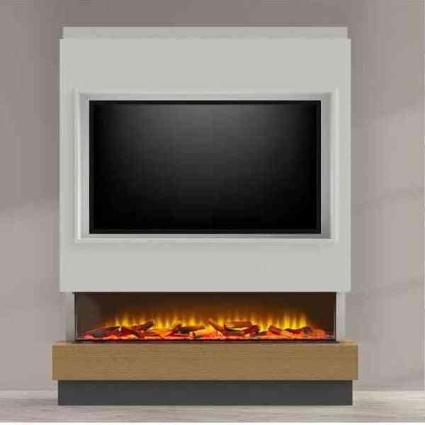 White and oak effect Acantha panoramic media wall with TV recess and 150 electric fire