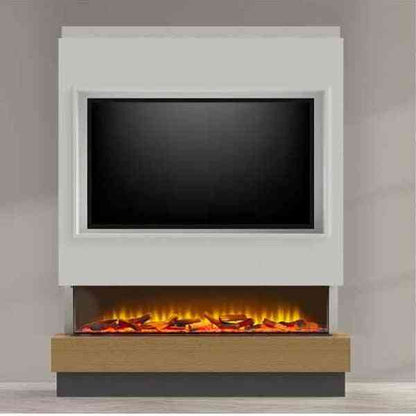 White and oak effect Acantha panoramic media wall with TV recess and 150 electric fire