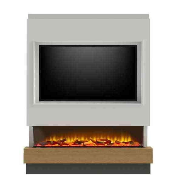 Acantha Matrix media wall unit showing empty TV recess and active panoramic electric fire