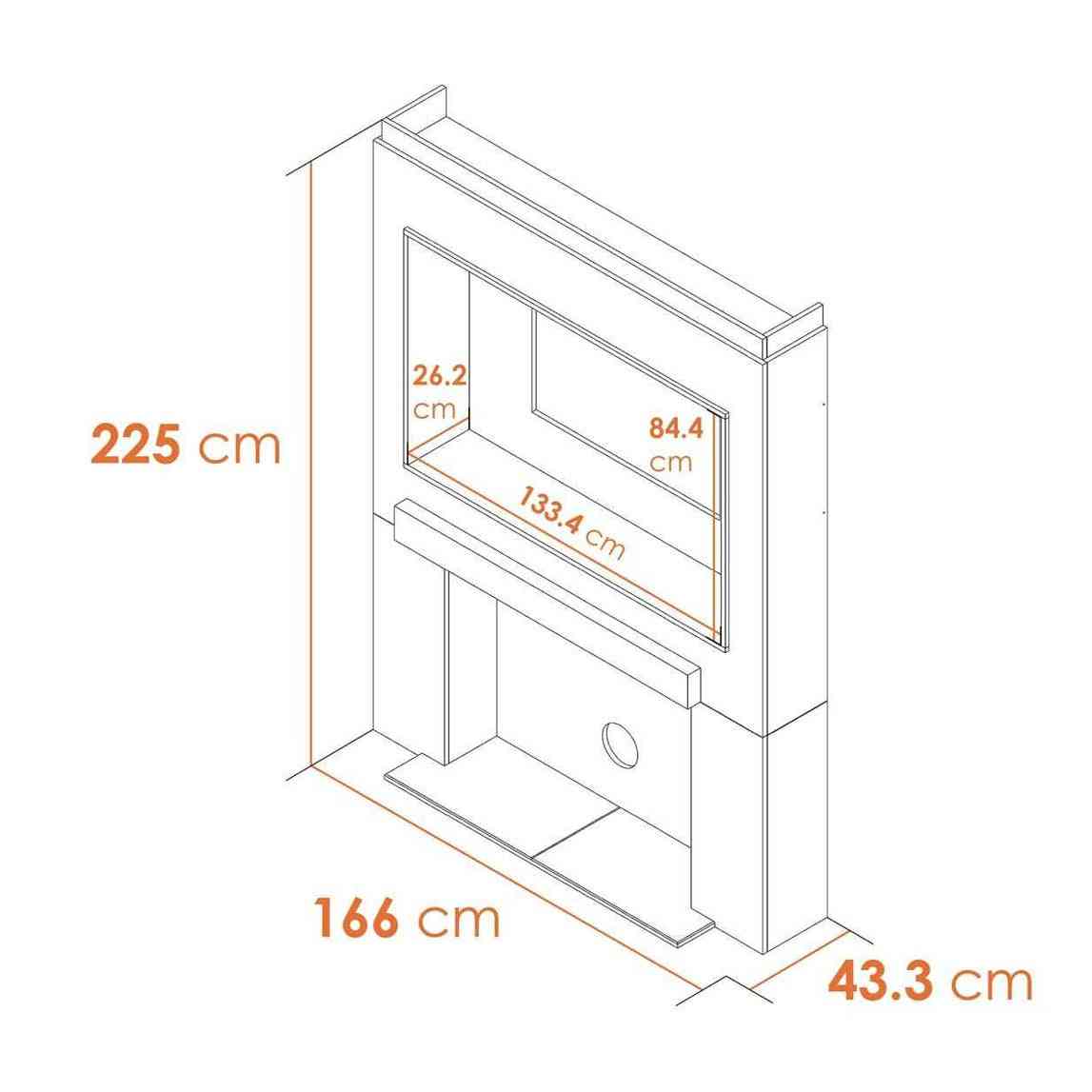 Acantha media wall dimensions diagram showing 225cm height and TV recess size