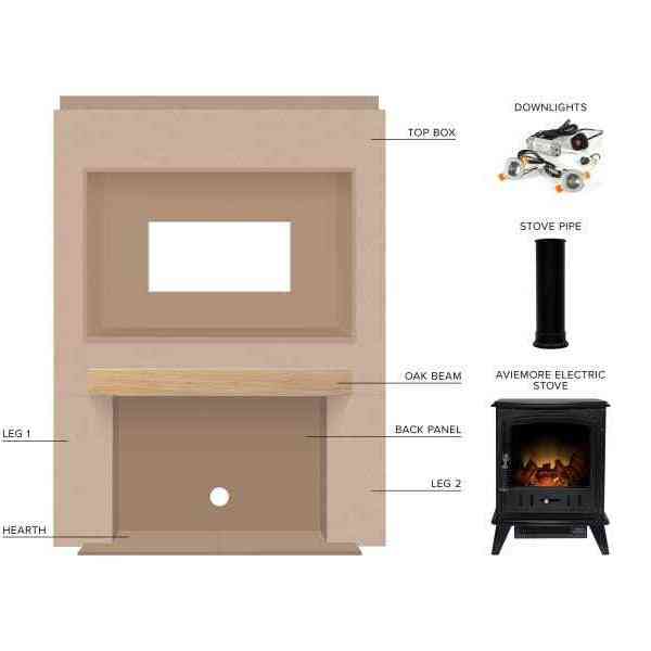Acantha DIY media wall exploded view showing oak beam, legs, and Aviemore stove parts