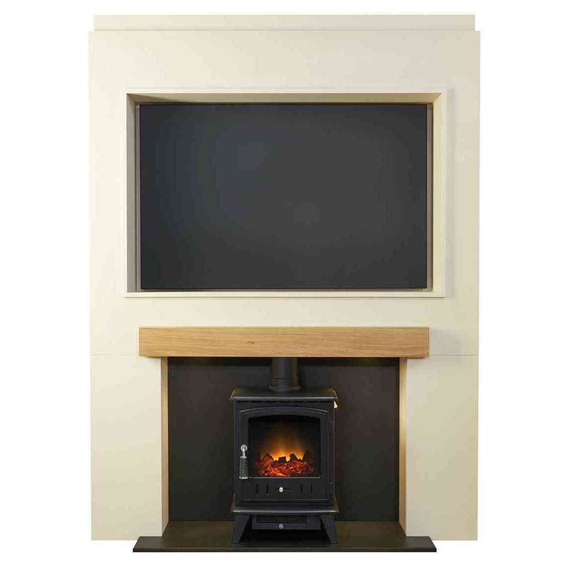 Acantha oak beam media wall with black Aviemore electric stove and TV recess