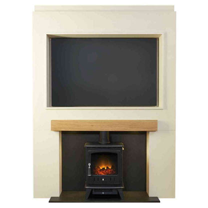 Acantha oak beam media wall with black Aviemore electric stove and TV recess