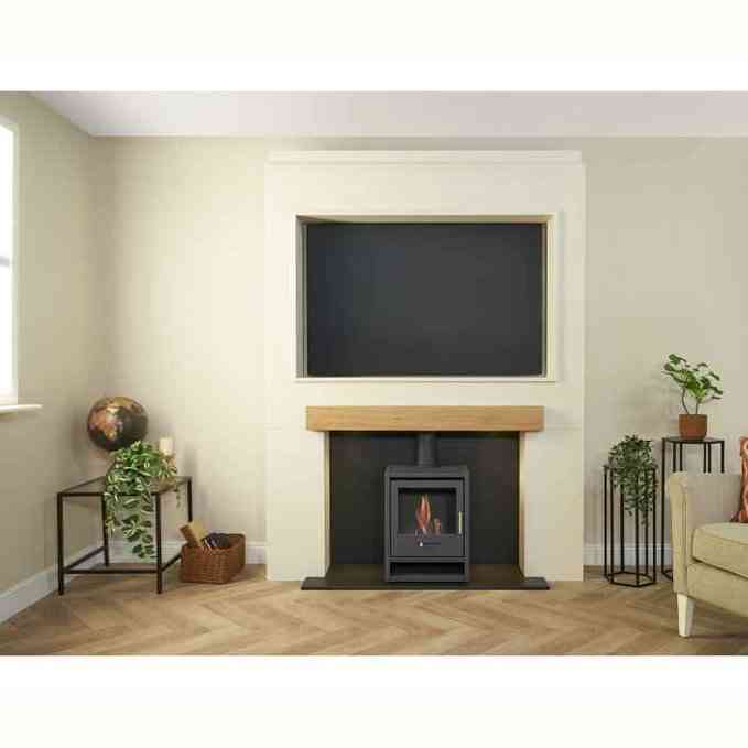 Off-white Acantha Media Wall 2 living room setup with oak mantel, TV recess, and bio ethanol fire