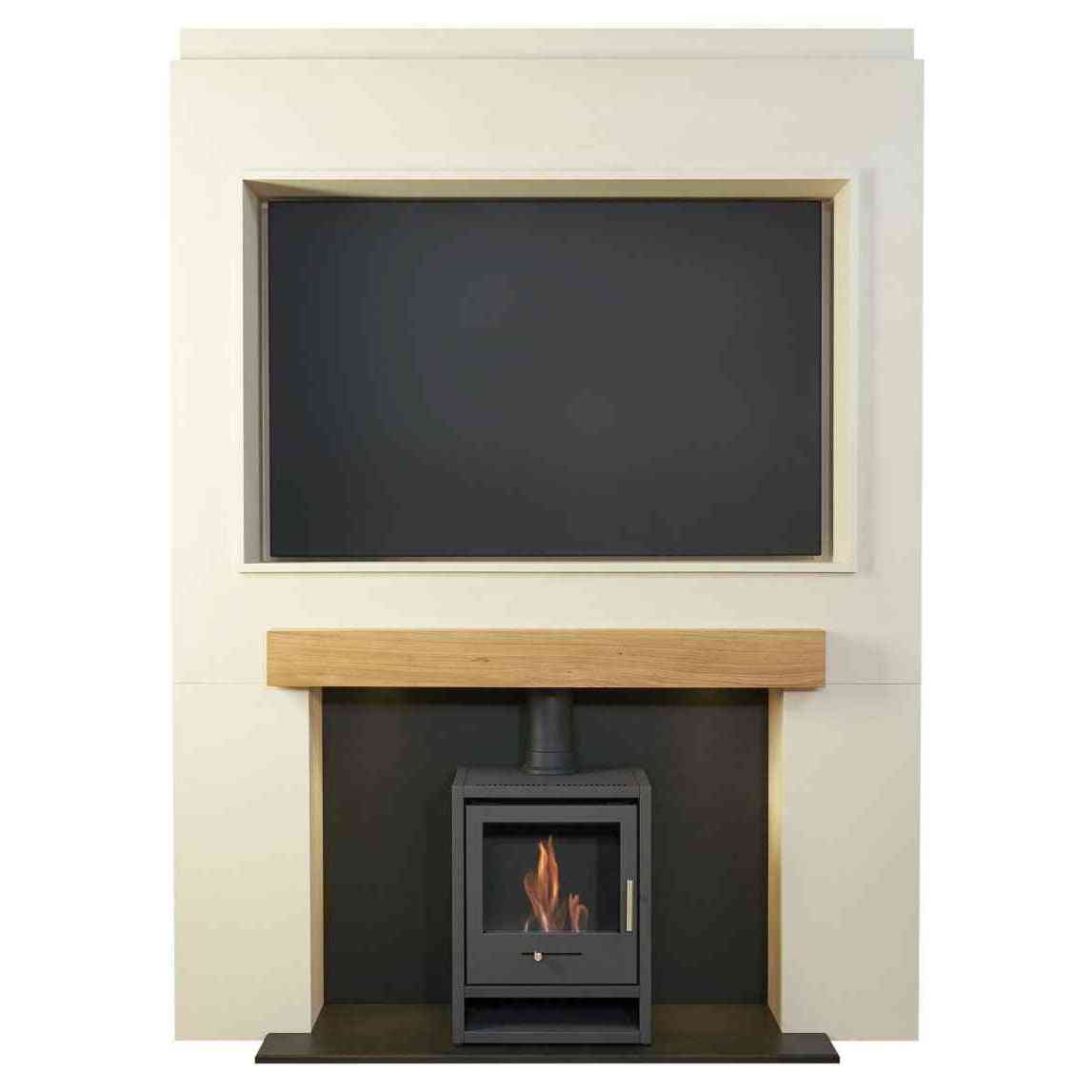 Assembled Acantha Media Wall 2 in cream finish with oak beam, TV recess, and charcoal stove