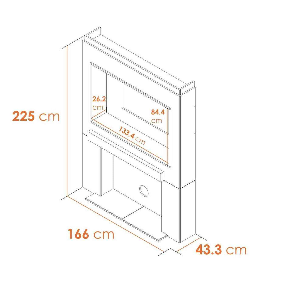 Acantha Media Wall 2 dimensions diagram showing TV recess size and modular build layout