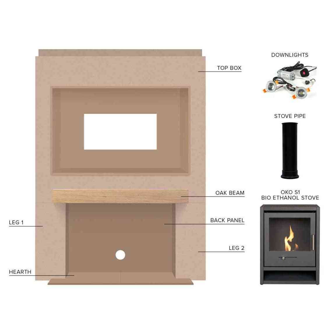 Acantha Media Wall 2 DIY kit components with oak beam and OKO S1 bio ethanol stove parts