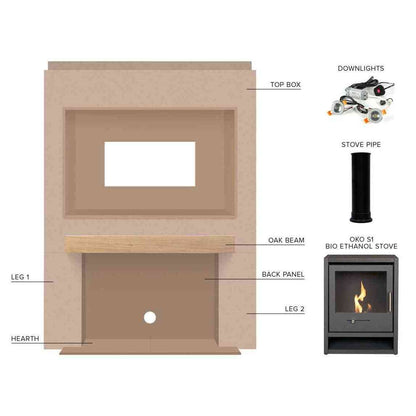 Acantha Media Wall 2 DIY kit components with oak beam and OKO S1 bio ethanol stove parts