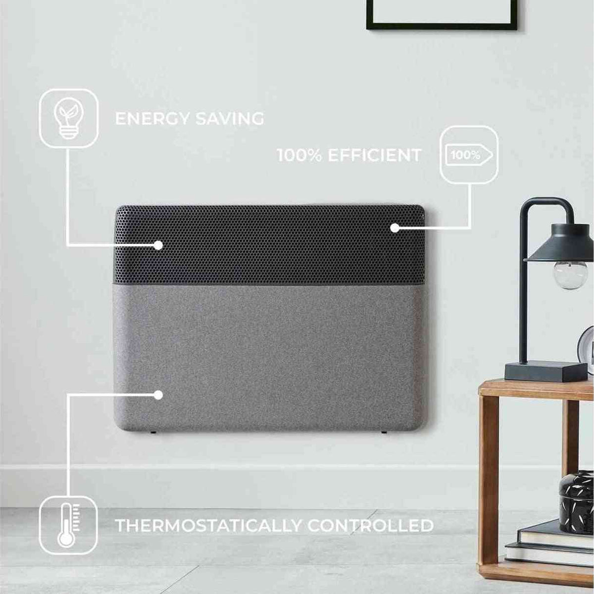 Wall mounted grey convector heater showing energy saving and thermostat features