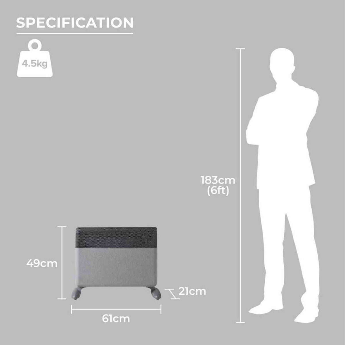 Grey fabric wall mounted electric radiator with black grille and scale reference