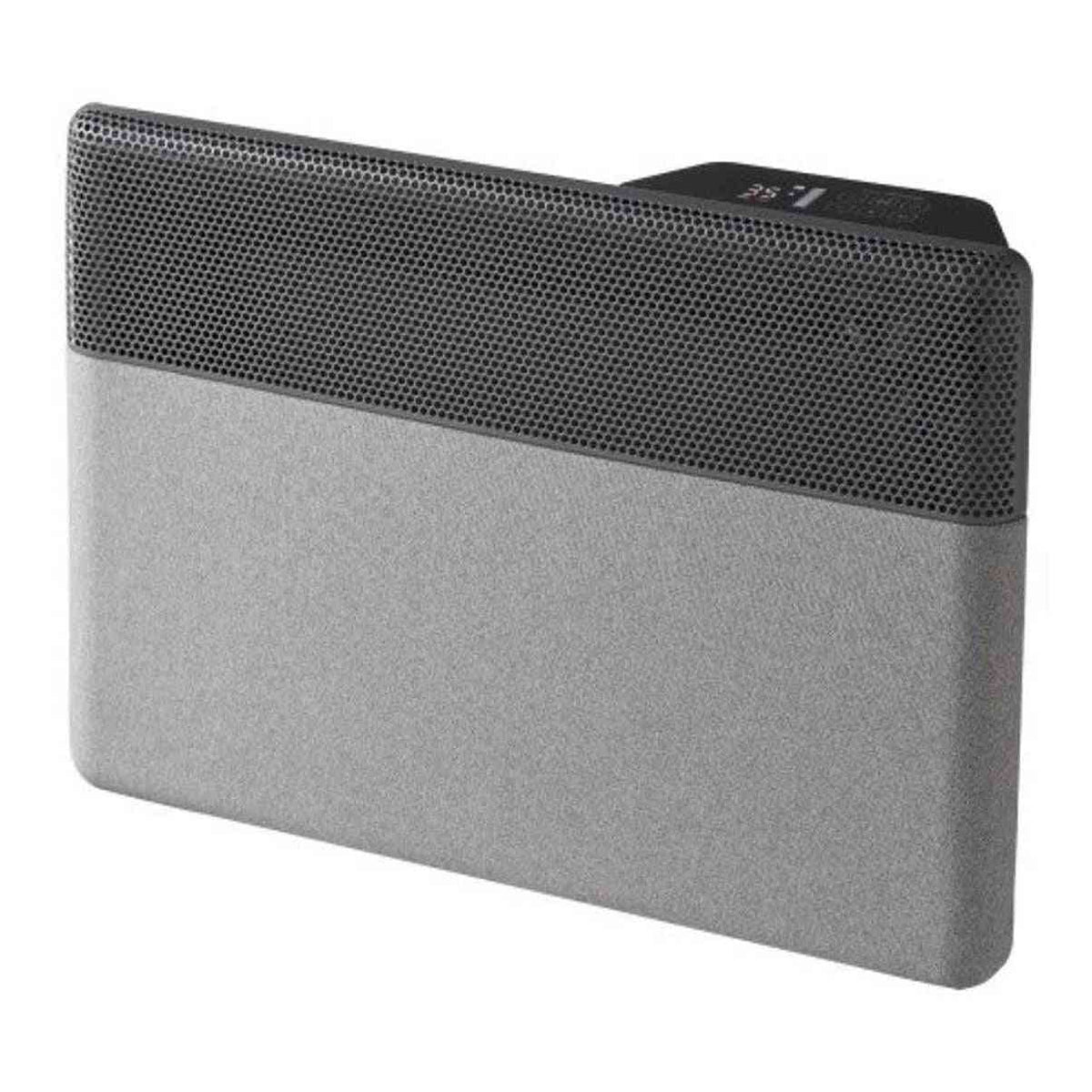 Close-up of grey fabric radiator with digital display and two-tone design