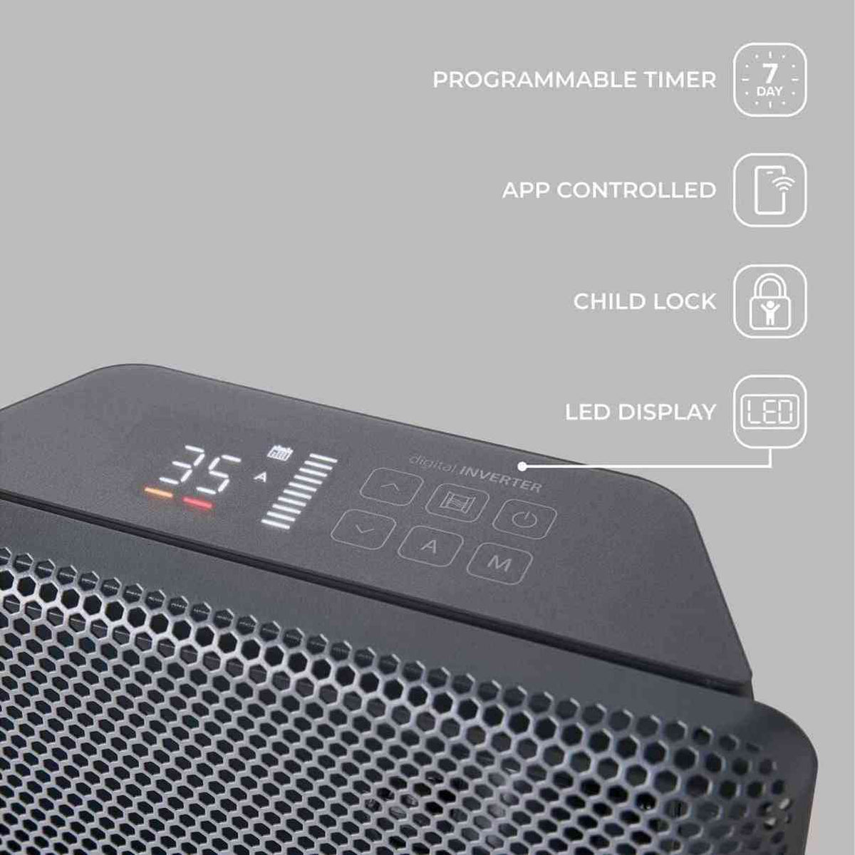 Radiator control panel with LED display, buttons and app timer features