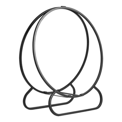 Matte black double-ring steel log holder on white background