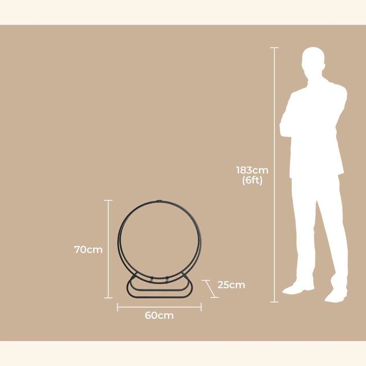 Size comparison showing 70cm height black steel log holder next to person