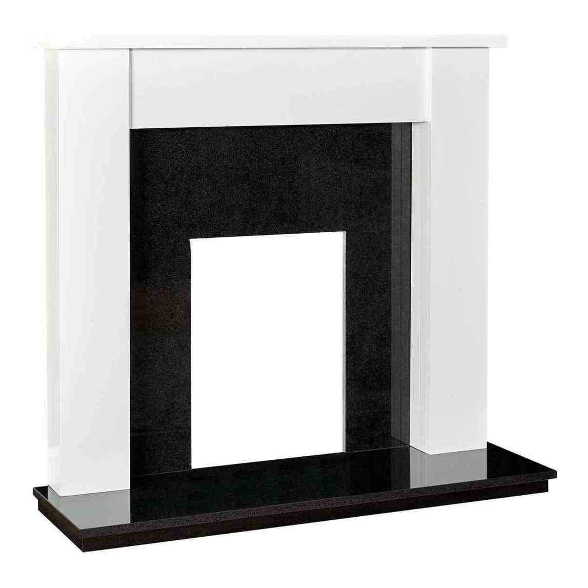 Adam Buxton 48-inch white wooden fireplace suite with black granite hearth and back panel