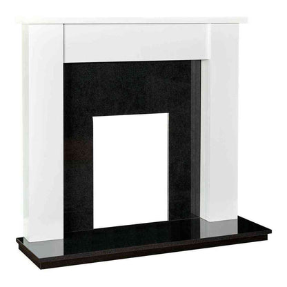 Adam Buxton 48-inch white wooden fireplace suite with black granite hearth and back panel