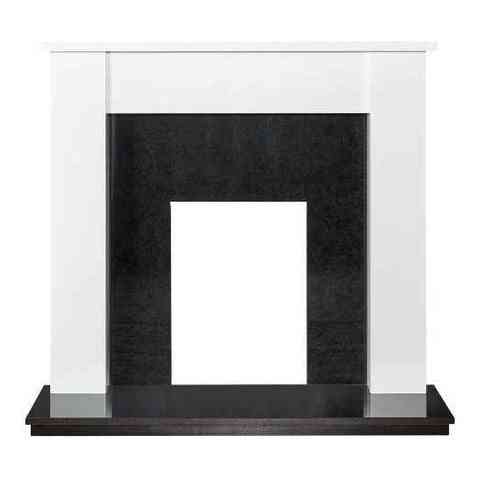White wooden fireplace surround with flat base and polished black granite back panel